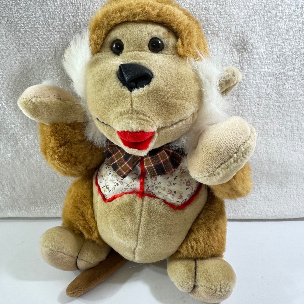 VTG  MS Toy Plush Monkey Floral Vest Plaid Bow Tie‎ Tan Brown Stuffed Animal 9"